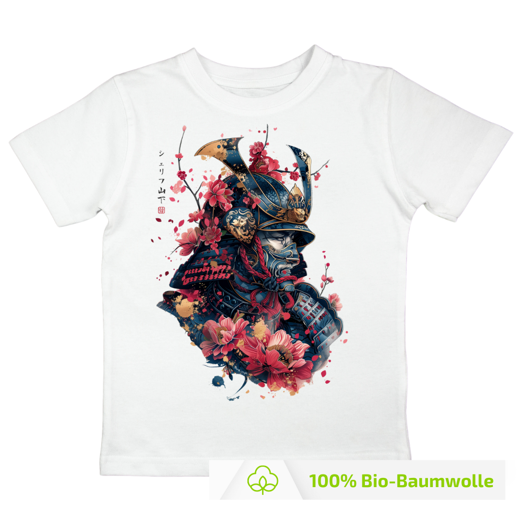 Japan Samurai T-Shirt im Tattoo-Style von YAMASHITA für Kinder in weiss