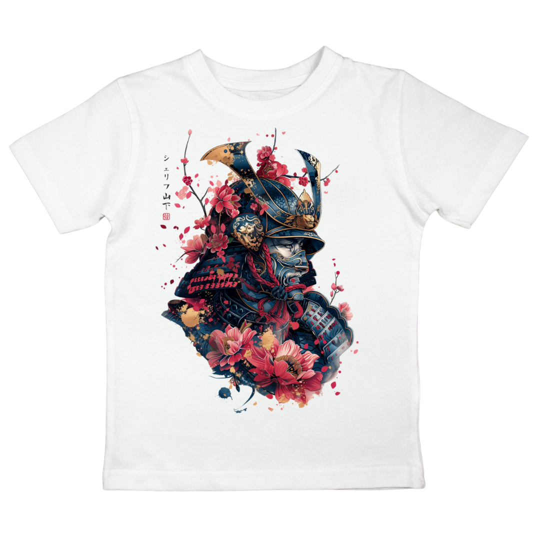Japan Samurai T-Shirt im Tattoo-Style von YAMASHITA für Kinder in weiss