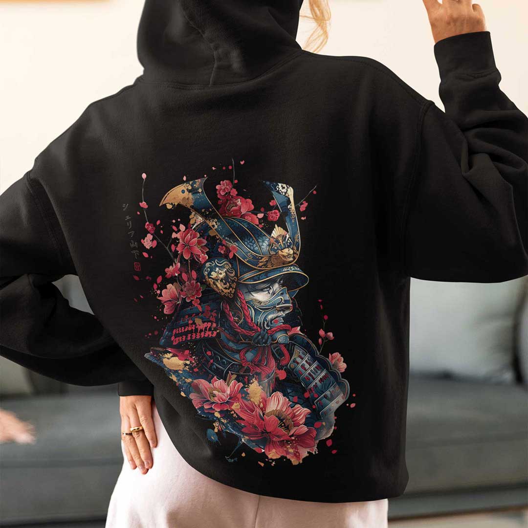 Japan Samurai Hoodie Unisex Damen Herren im Tattoo-Style von YAMASHITA in schwarz - Motiv hinten