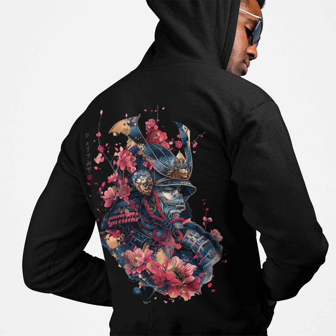 Japan Samurai Hoodie Unisex Damen Herren im Tattoo-Style von YAMASHITA in schwarz - Motiv hinten