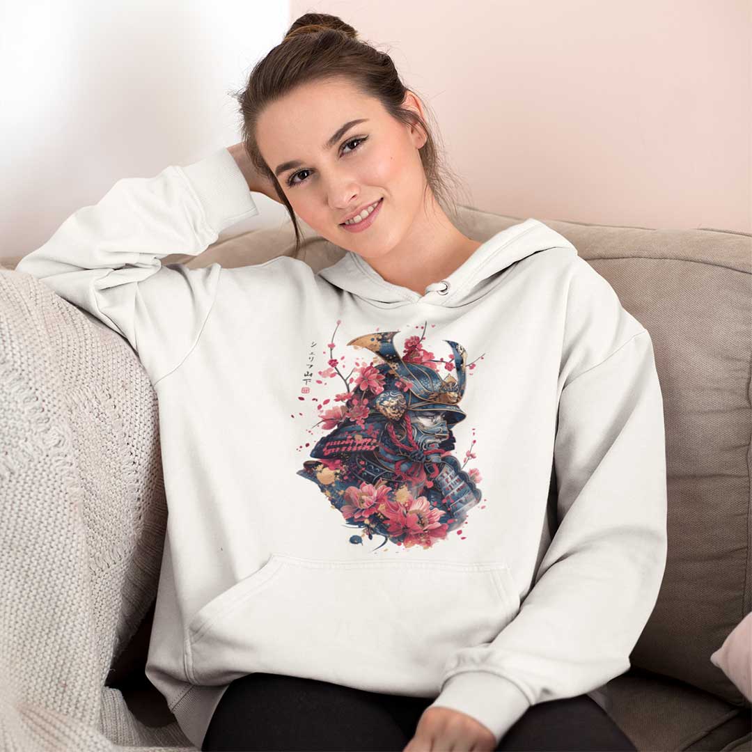 Japan Samurai Hoodie Unisex Damen Herren im Tattoo-Style von YAMASHITA in off-white natur-weiss - Motiv vorne