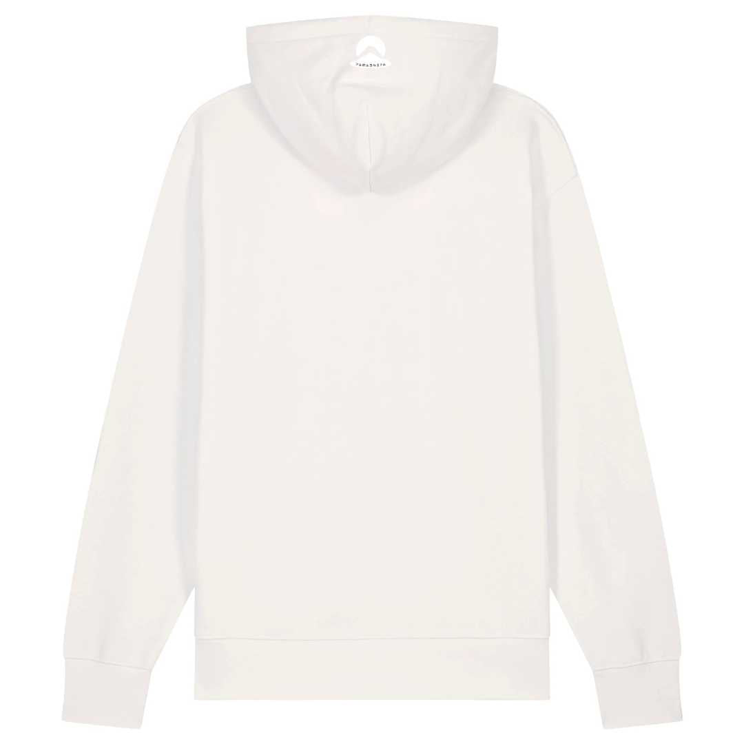 Japan Kranich Hoodie Unisex Damen Herren "Crane & Flower" im Tattoo-Style von YAMASHITA in off-white natur-weiss - Motiv vorne