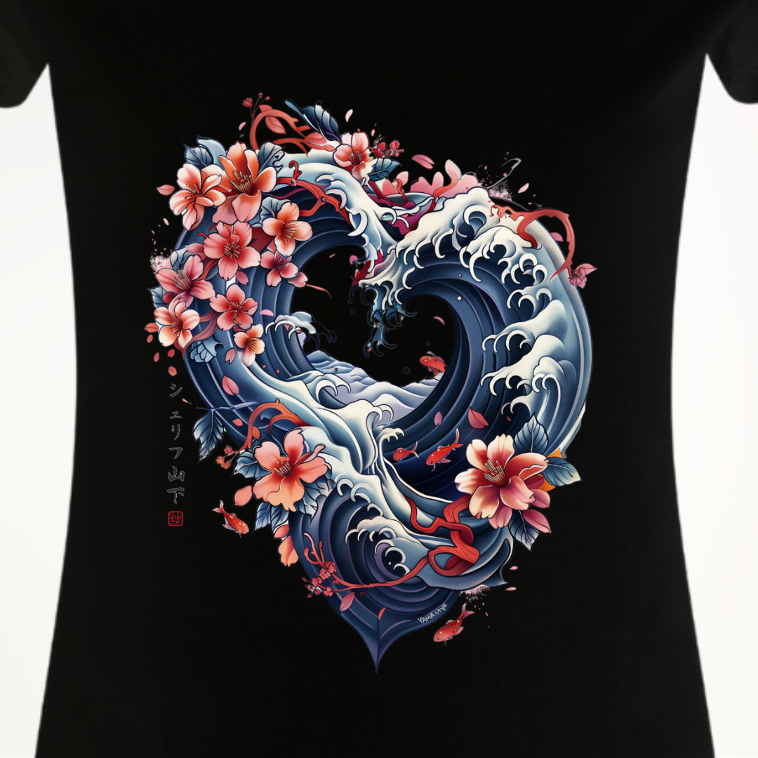 Japan Kanagawa Damen T-Shirt "Wave Heart" im Tattoo-Style von YAMASHITA in schwarz