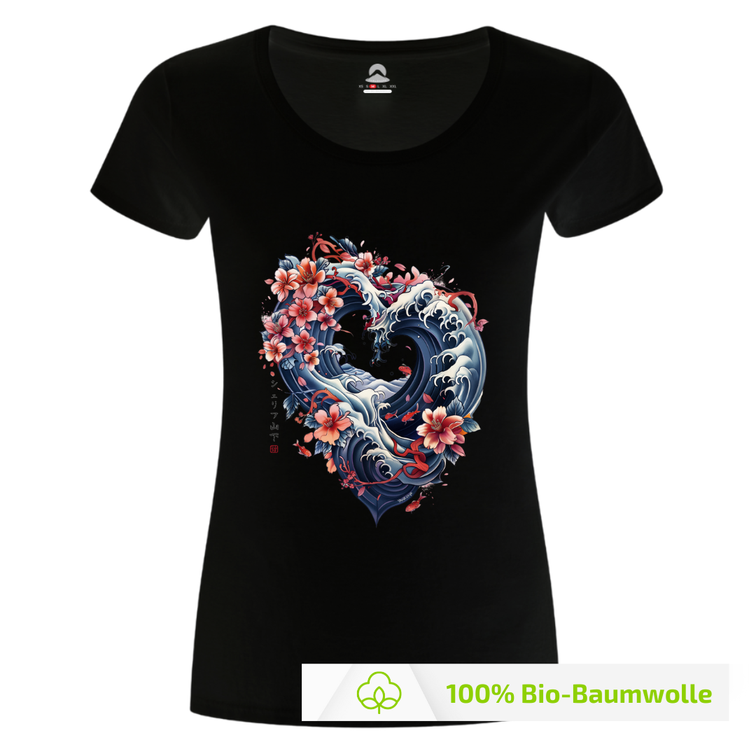 Japan Kanagawa Damen T-Shirt "Wave Heart" im Tattoo-Style von YAMASHITA in schwarz