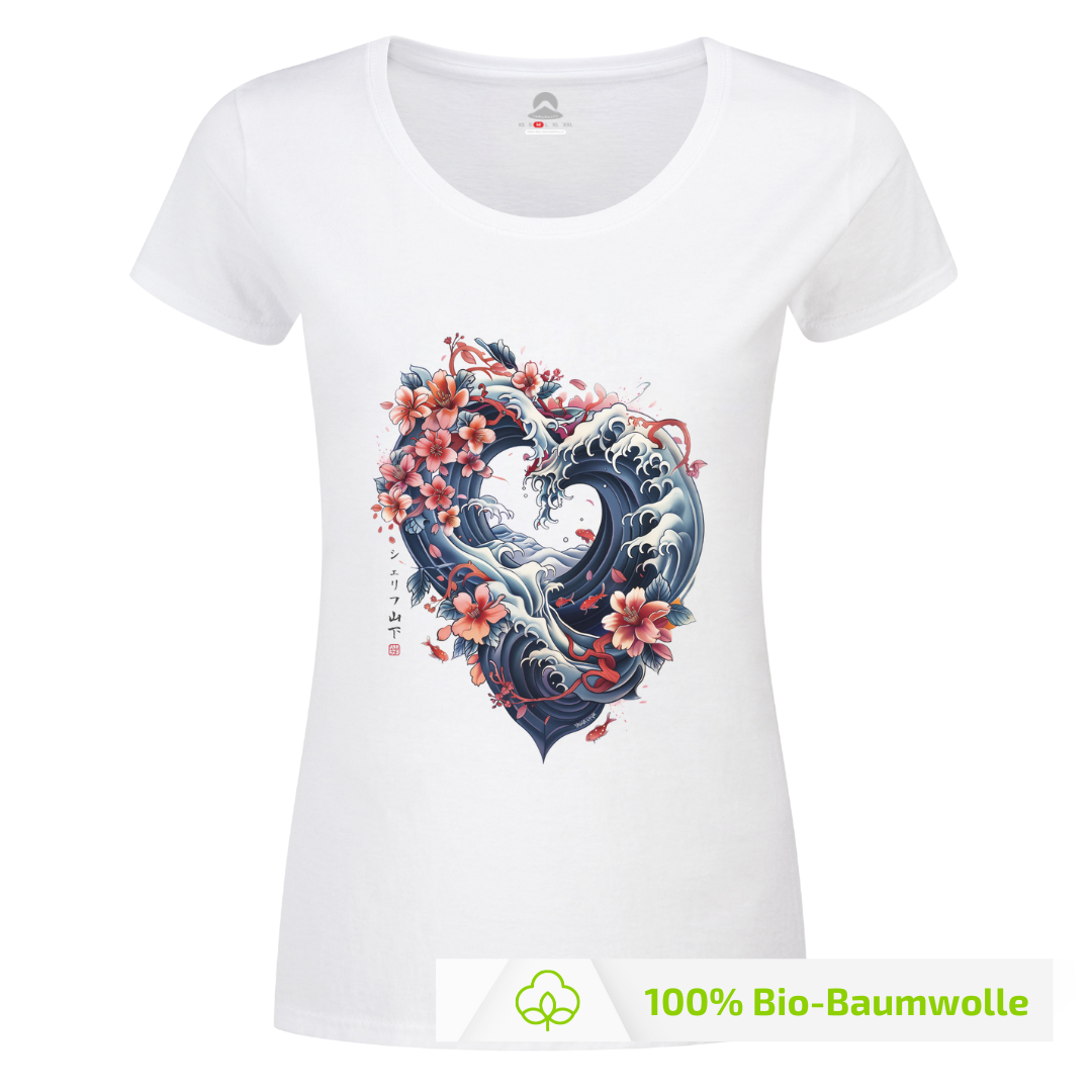 Japan Kanagawa Damen T-Shirt "Wave Heart" im Tattoo-Style von YAMASHITA in weiss
