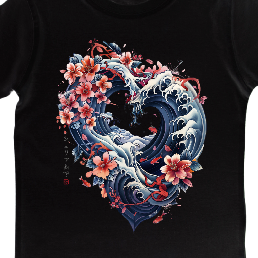 Japan Kanagawa T-Shirt "Wave Heart" im Tattoo-Style von YAMASHITA für Kinder in schwarz