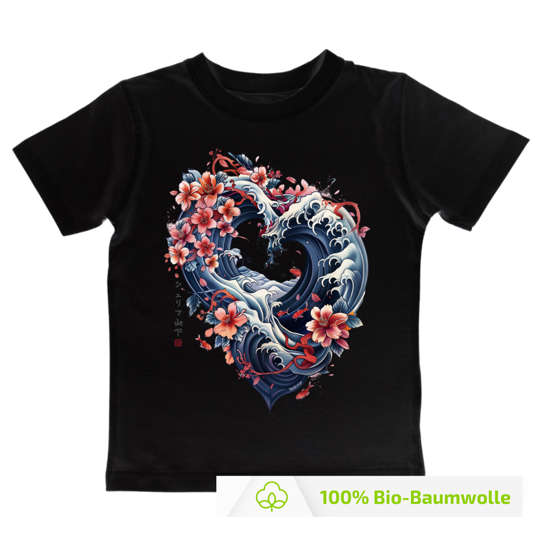 Japan Kanagawa T-Shirt "Wave Heart" im Tattoo-Style von YAMASHITA für Kinder in schwarz