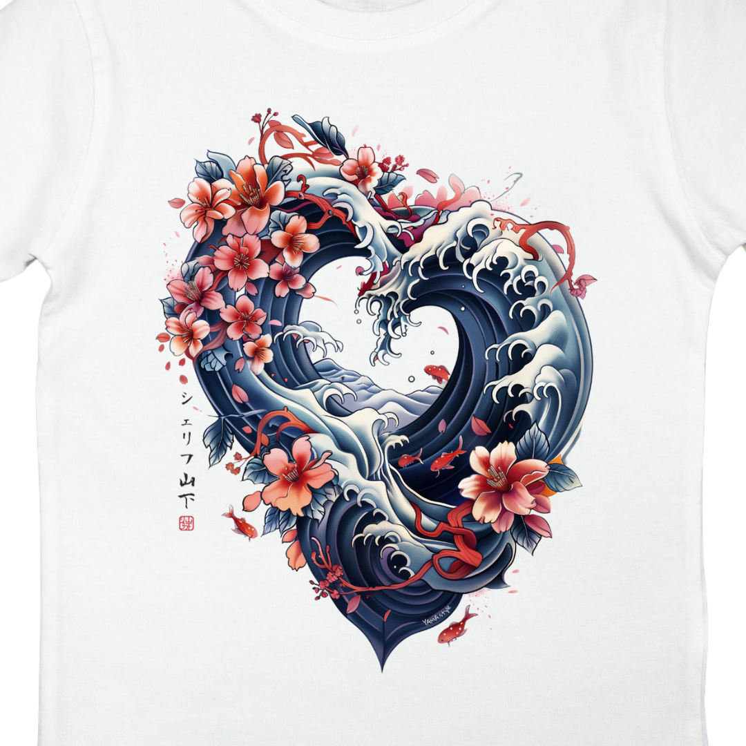 Japan Kanagawa T-Shirt "Wave Heart" im Tattoo-Style von YAMASHITA für Kinder in weiss