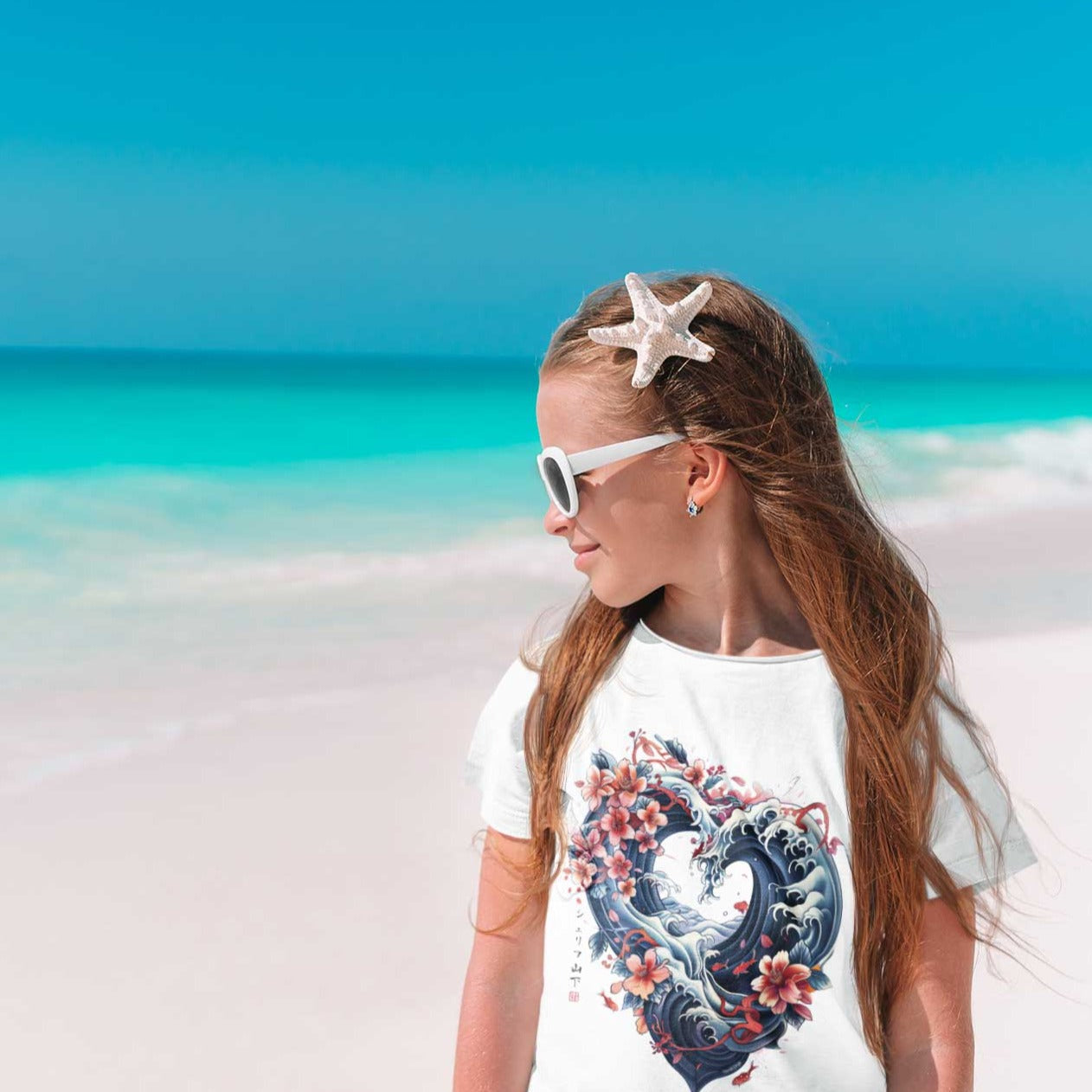 Japan Kanagawa T-Shirt "Wave Heart" im Tattoo-Style von YAMASHITA für Kinder in weiss